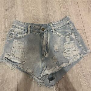 Distressed Light Blue Denim Shorts